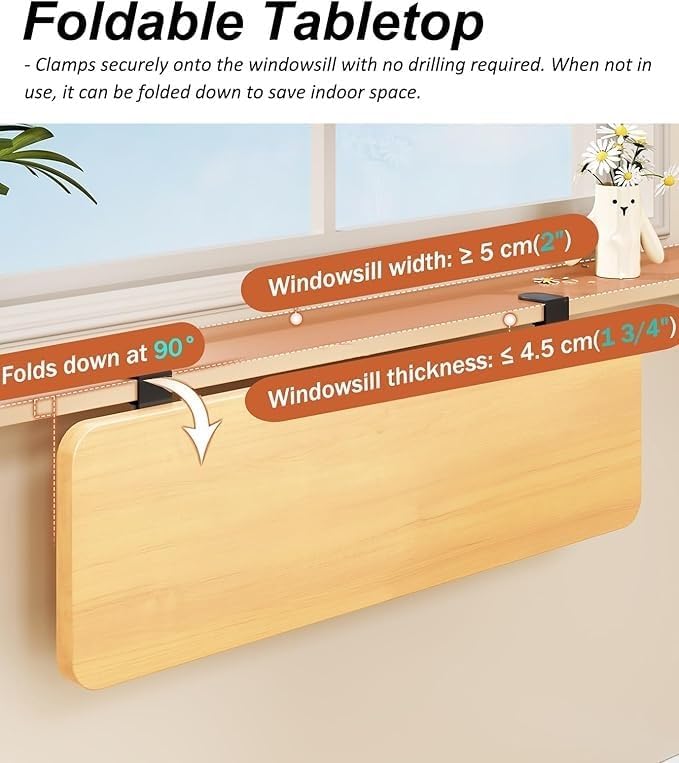 Clamp-on Foldable Window Sill Extension, No Drill Computer Desk Extender Table, Ledge Countertop Board, Detachable Plant Shelf(60x20cm(23 5/8x7 7/8"))