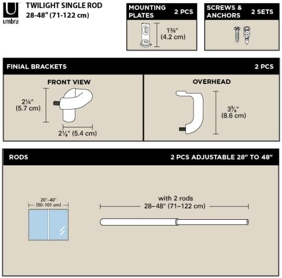 Umbra Twilight Curtain Rod Set – Wrap Around Design Ideal for Blackout or Room Darkening Panels, 28 to 48 Inches, Nickel