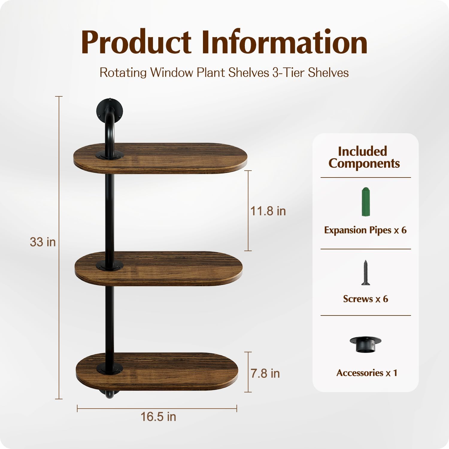Rotating Window Plant Shelves 3-Tier, Wooden Window Shelf for Plants, Window Sill Plant Shelf Space-Saving for Multiple Plants, Corner Hanging Plant Wall Shelf, Indoor Plant Stand Home Decor