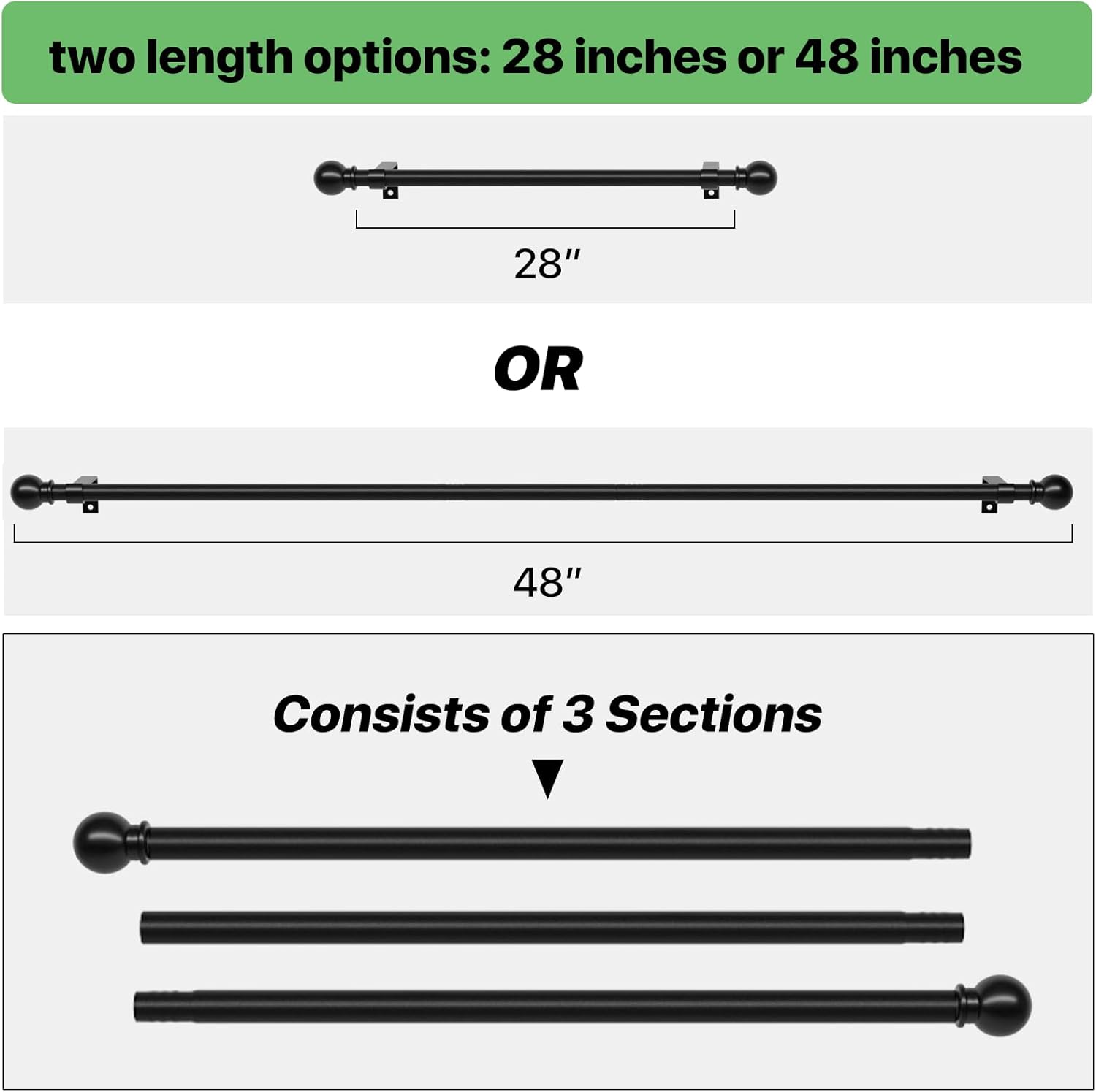 Curtain Rods for Windows 28 to 48 inch, 5/8 inch Black Curtain Rod Set with Brackets, Splicing Adjustable Metal Drapery Rod for Bedroom, Kitchen, Living Room, Matte Black