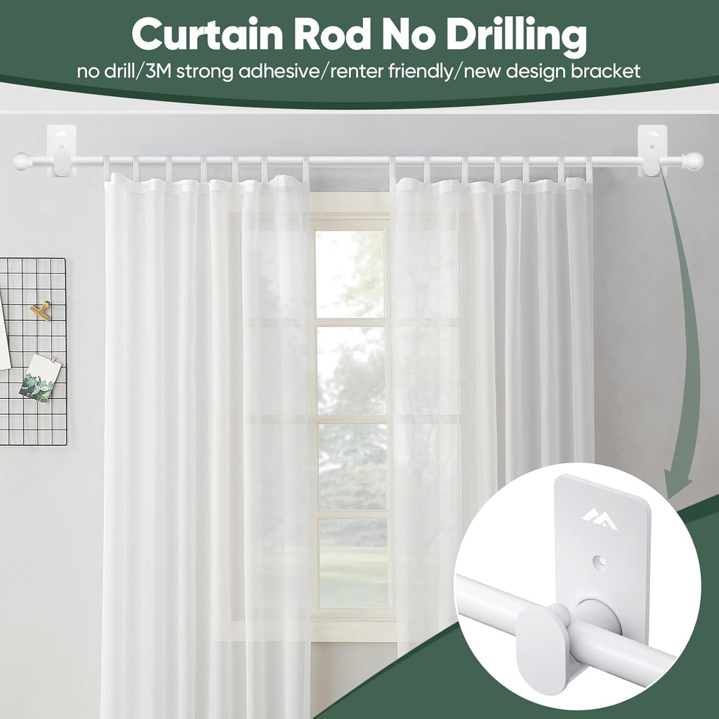 ZNONOX Curtain Rods No Drilling for Windows 30 to 60 Inches,5/8 Inch Diameter No Drill Curtain Rod Set with 3M Adhesive Brackets, White