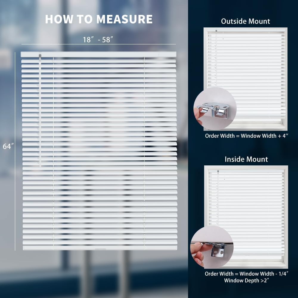 Aluminum Mini Blinds for Windows Cordless Horizontal Window Shades for Light Adjustment, Metal Venetian Blinds Waterproof for Bedroom, Bathroom, 18" W x 64" H, White