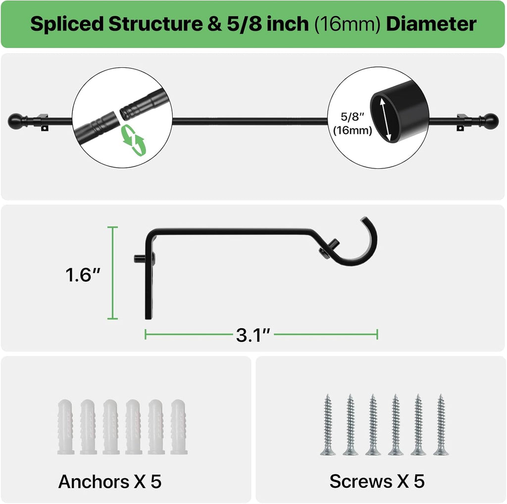 Curtain Rods for Windows 28 to 48 inch, 5/8 inch Black Curtain Rod Set with Brackets, Splicing Adjustable Metal Drapery Rod for Bedroom, Kitchen, Living Room, Matte Black
