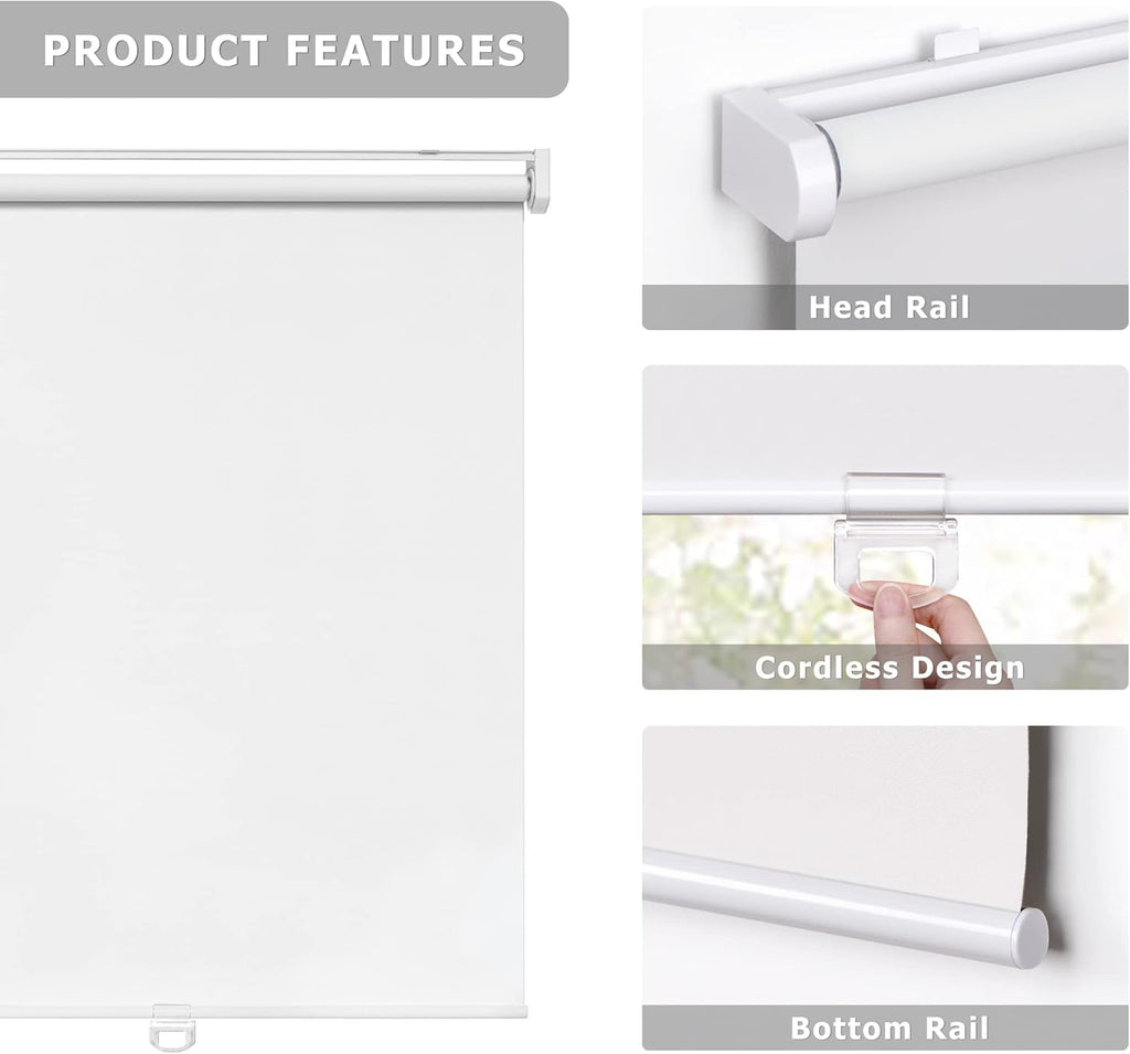 LazBlinds No Tools No Drill Cordless Roller Shades, 100% Blackout Roller Blinds for Windows, Thermal Insulated UV Protection Waterproof Roll Up Window Blinds and Shades, 28'' W x 72'' H, White