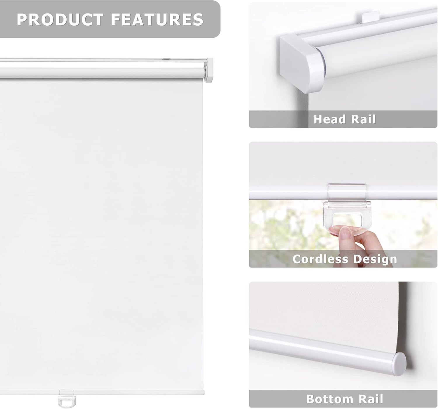 LazBlinds No Tools No Drill Cordless Roller Shades, 100% Blackout Roller Blinds for Windows, Thermal Insulated UV Protection Waterproof Roll Up Window Blinds and Shades, 28'' W x 72'' H, White