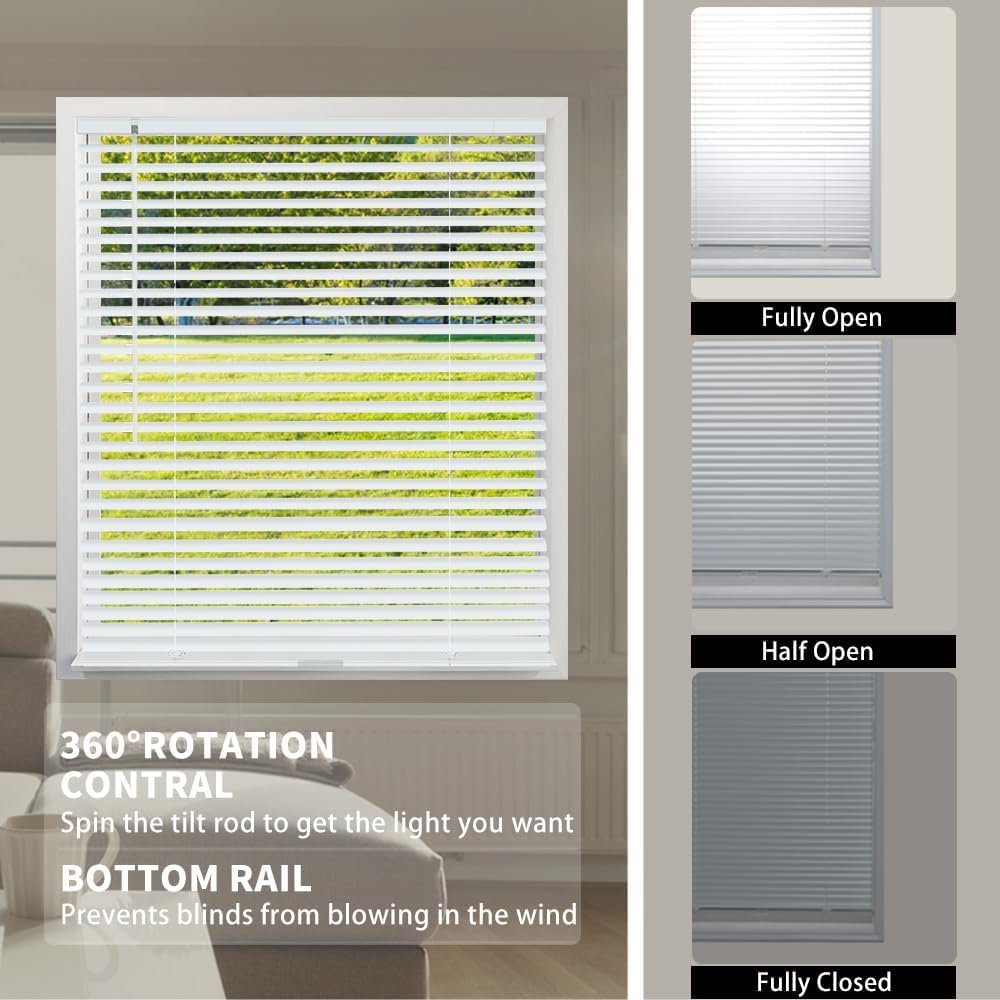 Aluminum Mini Blinds for Windows Cordless Horizontal Window Shades for Light Adjustment, Metal Venetian Blinds Waterproof for Bedroom, Bathroom, 18" W x 64" H, White