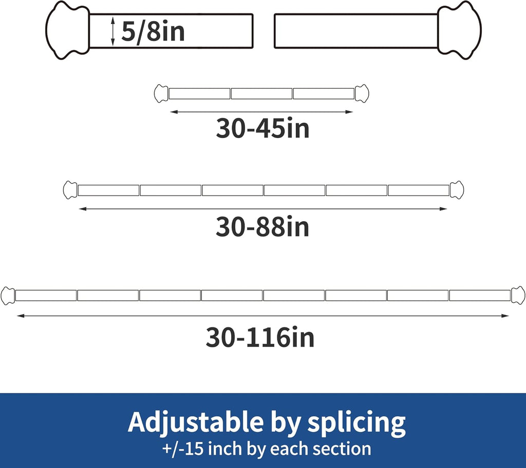 Standard Decorative Window Curtain Rods 30 to 116 Inch,5/8 Inch Diameter Small Curtain Rod Set, Heavy Duty Drapery Rods with Brackets-Black