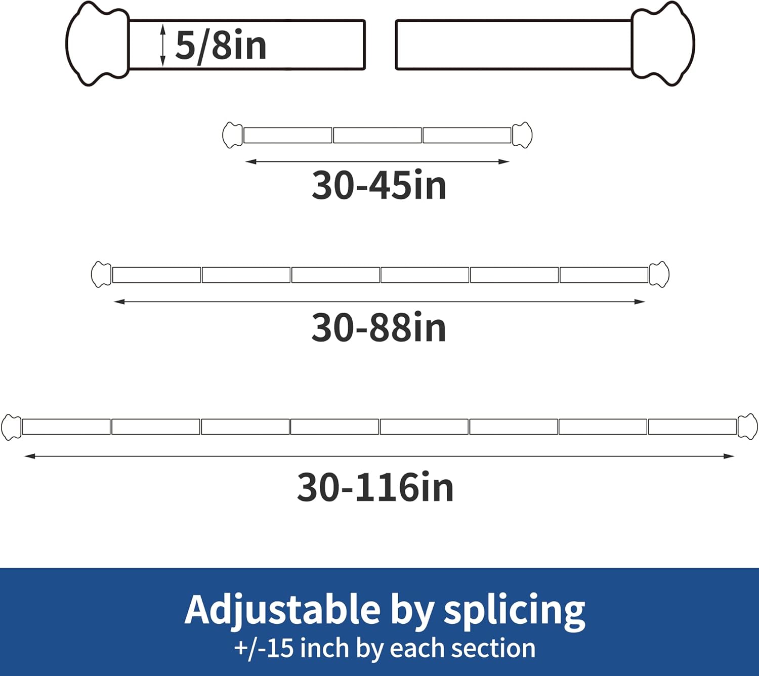 Standard Decorative Window Curtain Rods 30 to 116 Inch,5/8 Inch Diameter Small Curtain Rod Set, Heavy Duty Drapery Rods with Brackets-Black