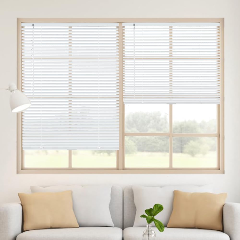Aluminum Mini Blinds for Windows Cordless Horizontal Window Shades for Light Adjustment, Metal Venetian Blinds Waterproof for Bedroom, Bathroom, 18" W x 64" H, White