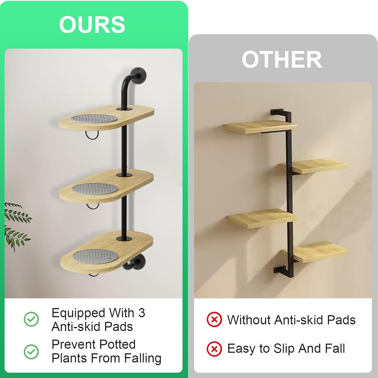 Rotating Window Plant Shelves with 3 Anti-slip Mats, 3 Tier Plant Stand Indoor Outdoor, Wooden Window Plant Shelf with 3 Circle Hook, Hanging Plant Holder for Window, Potted Plants, Flowerpots (Oak