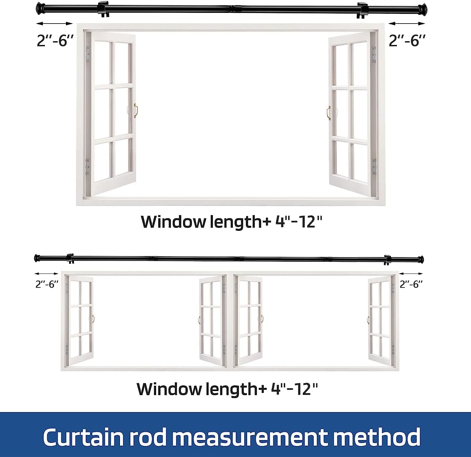 Standard Decorative Window Curtain Rods 30 to 116 Inch,5/8 Inch Diameter Small Curtain Rod Set, Heavy Duty Drapery Rods with Brackets-Black