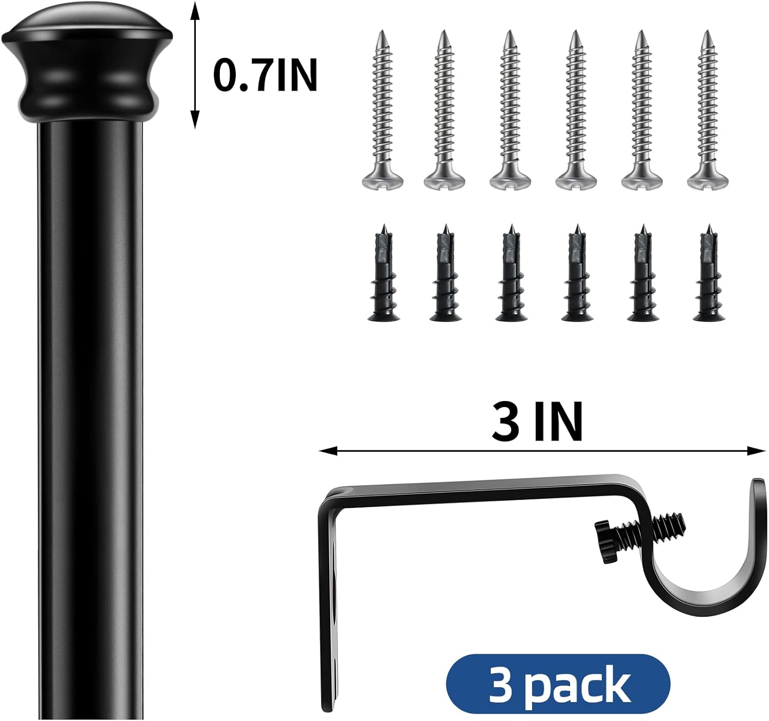Standard Decorative Window Curtain Rods 30 to 116 Inch,5/8 Inch Diameter Small Curtain Rod Set, Heavy Duty Drapery Rods with Brackets-Black