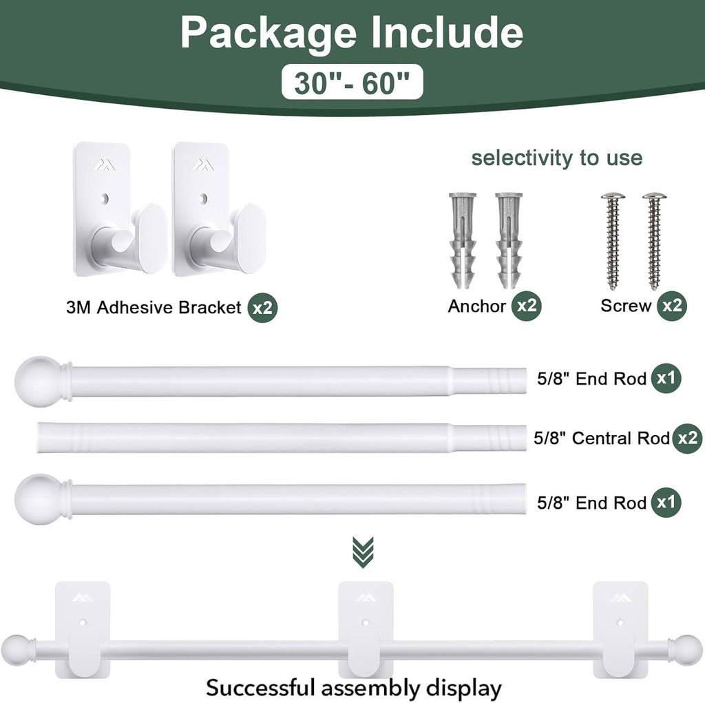 ZNONOX Curtain Rods No Drilling for Windows 30 to 60 Inches,5/8 Inch Diameter No Drill Curtain Rod Set with 3M Adhesive Brackets, White
