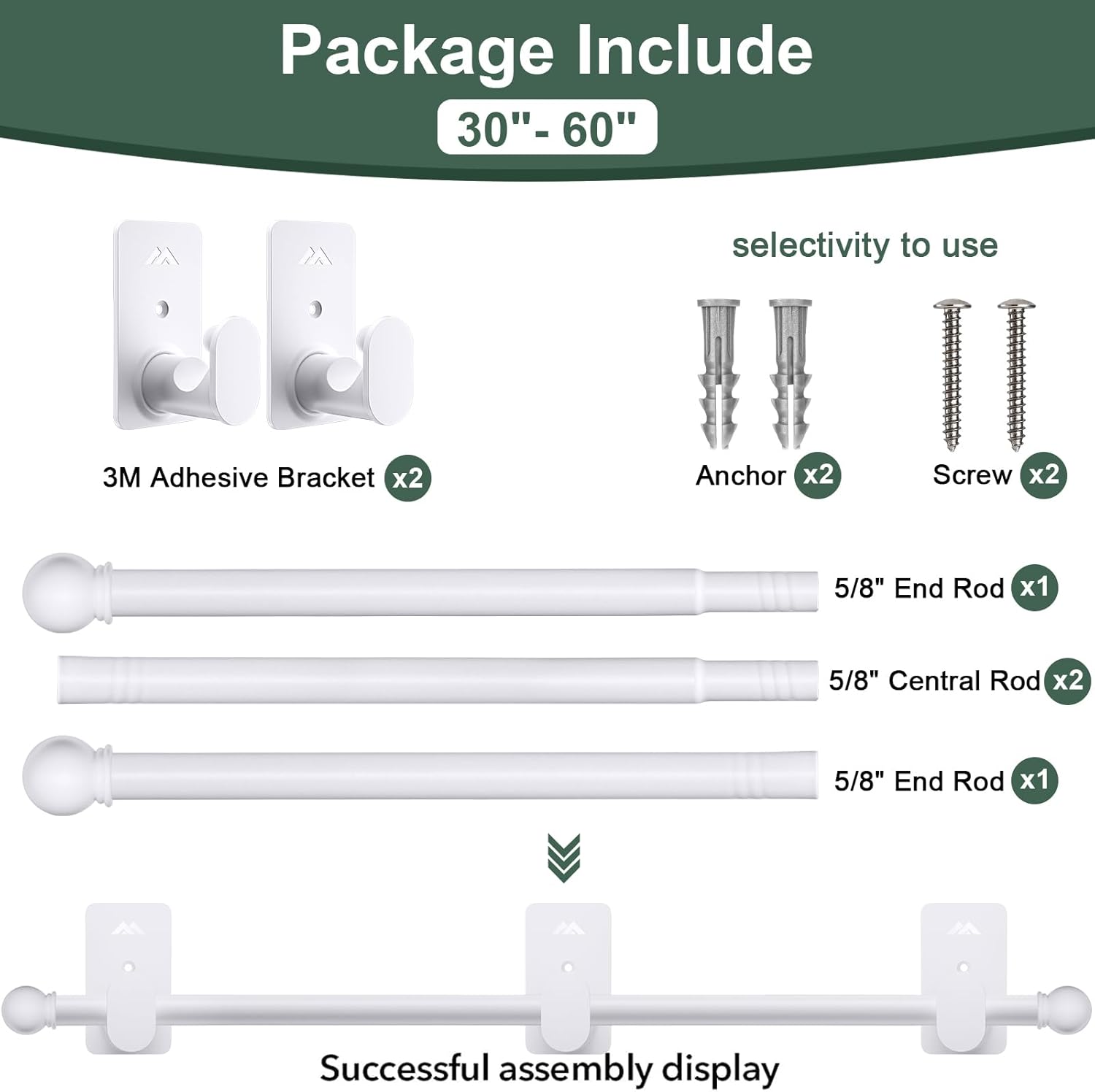 ZNONOX Curtain Rods No Drilling for Windows 30 to 60 Inches,5/8 Inch Diameter No Drill Curtain Rod Set with 3M Adhesive Brackets, White