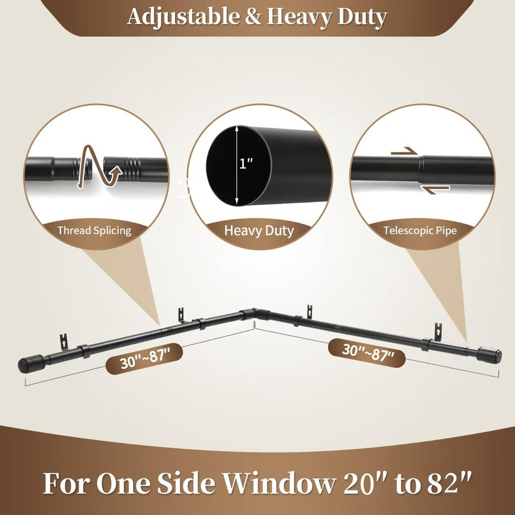 Heavy Duty 1 Inch Corner Curtain Rods Set 30-87 Inch Curtain Rod for Windows L Shaped Curtain Rods Window Curtain Rods Set (Black)