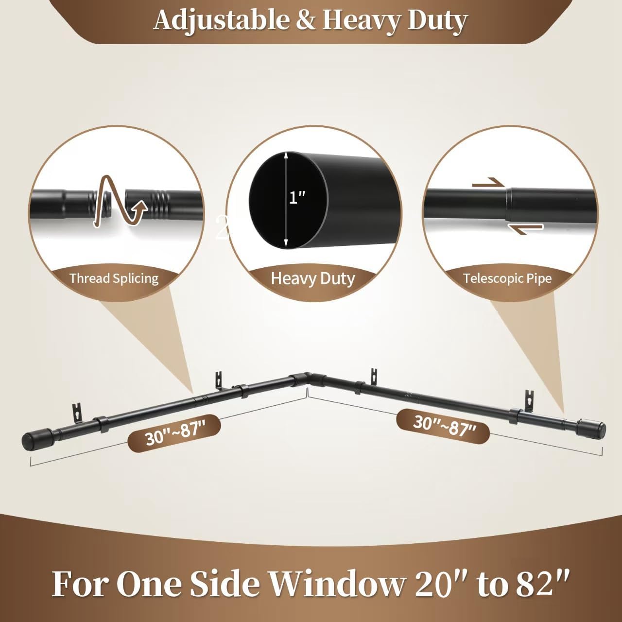 Heavy Duty 1 Inch Corner Curtain Rods Set 30-87 Inch Curtain Rod for Windows L Shaped Curtain Rods Window Curtain Rods Set (Black)