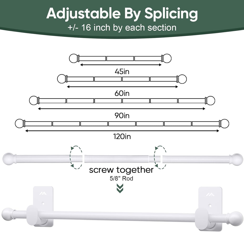 ZNONOX Curtain Rods No Drilling for Windows 30 to 60 Inches,5/8 Inch Diameter No Drill Curtain Rod Set with 3M Adhesive Brackets, White