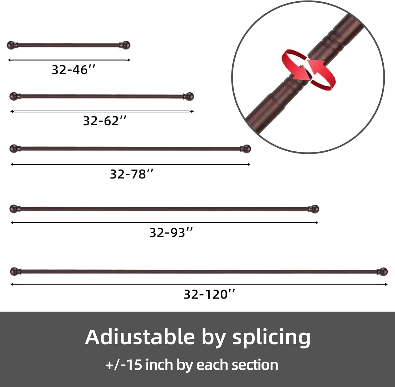 GXOACKJ Curtain Rods for windows 32 to 62 inch,5/8 inch Decorative Curtain Rod Set,Brown Splicing Heavy Duty Metal Curtain Rod with Brackets