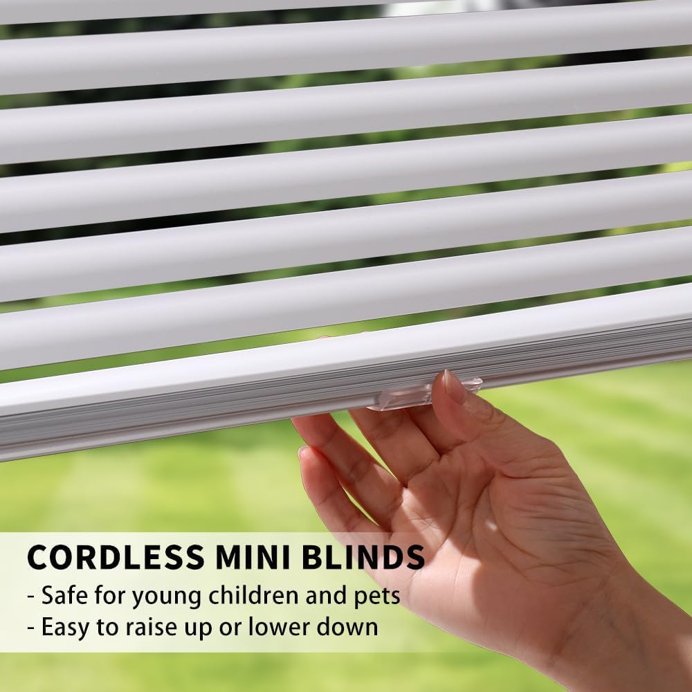 Aluminum Mini Blinds for Windows Cordless Horizontal Window Shades for Light Adjustment, Metal Venetian Blinds Waterproof for Bedroom, Bathroom, 18" W x 64" H, White