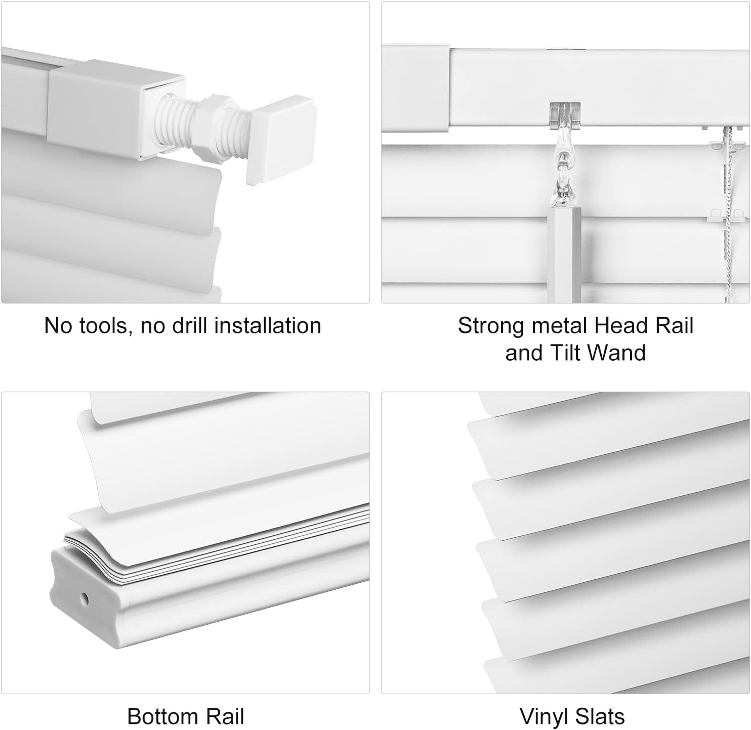 LazBlinds No Tools No Drill 1" Vinyl Mini Blinds, Cordless Blinds for Windows, Light Filtering Horizontal Window Blinds & Shades, 23" W x 36" H, White