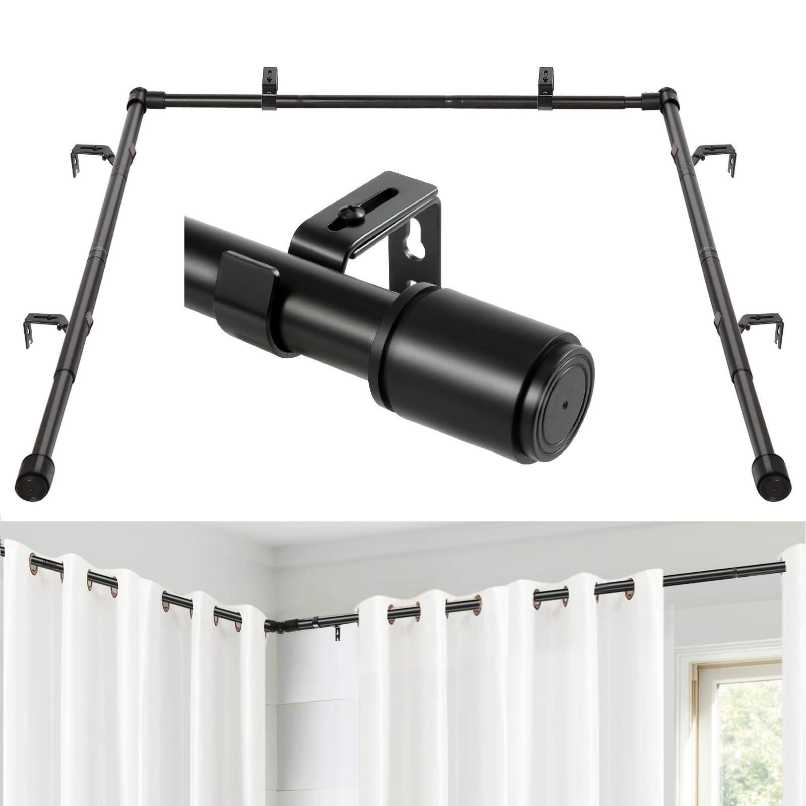 Heavy Duty 1 Inch Corner Curtain Rods Set 30-87 Inch Curtain Rod for Windows L Shaped Curtain Rods Window Curtain Rods Set (Black)