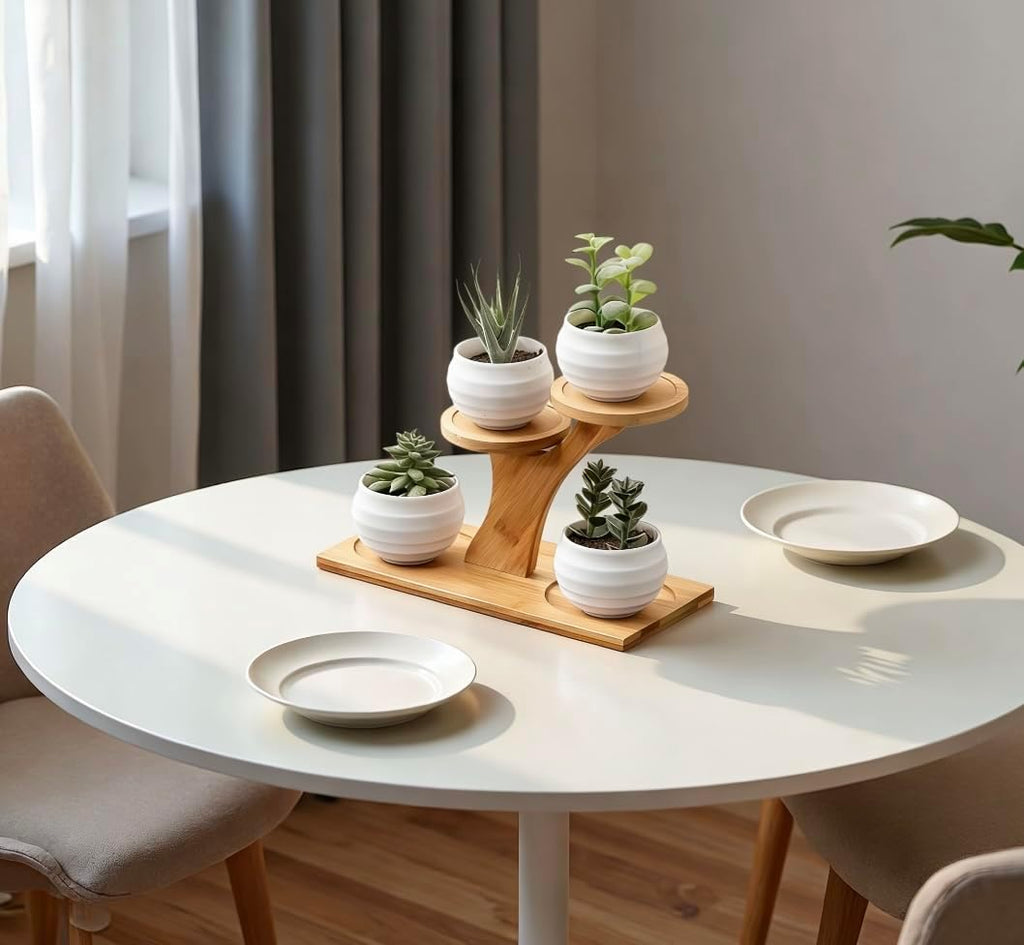 Small Bamboo Plant Stand - 3 Tier Window Plant Shelf for Indoor Plants | Wooden Flower Stand & Tabletop Plant Holder for Windowsills