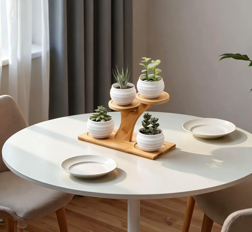 Small Bamboo Plant Stand - 3 Tier Window Plant Shelf for Indoor Plants | Wooden Flower Stand & Tabletop Plant Holder for Windowsills