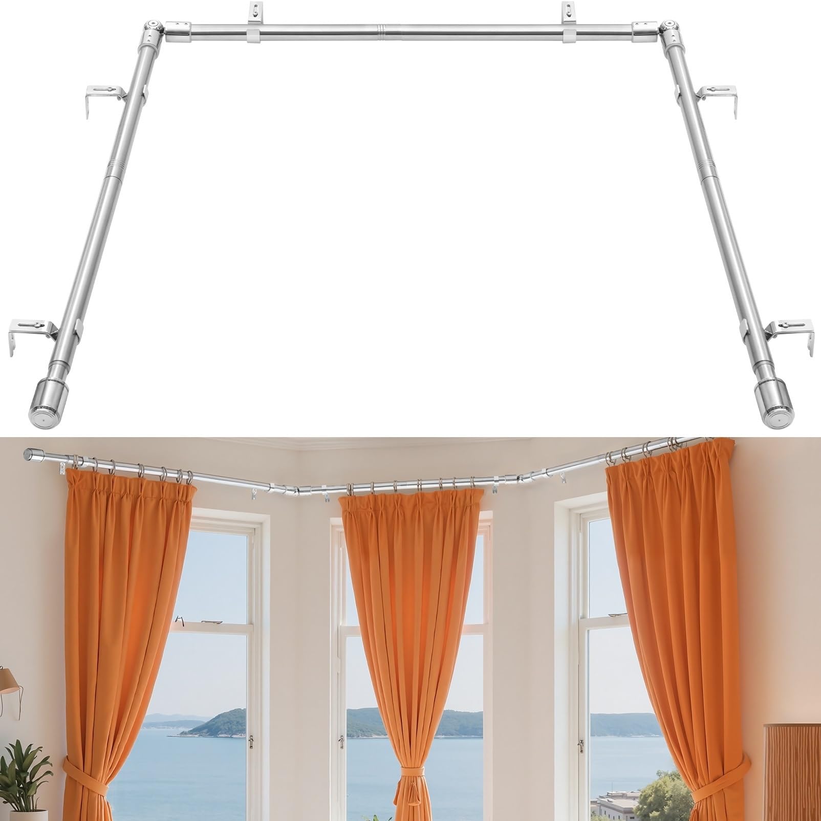 Heavy Duty 1 Inch Corner Curtain Rods Set 30-87 Inch Curtain Rod for Windows L Shaped Curtain Rods Window Curtain Rods Set (Black)