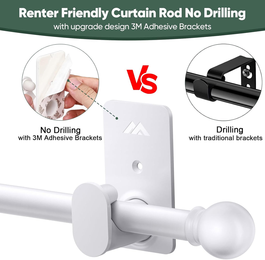 ZNONOX Curtain Rods No Drilling for Windows 30 to 60 Inches,5/8 Inch Diameter No Drill Curtain Rod Set with 3M Adhesive Brackets, White