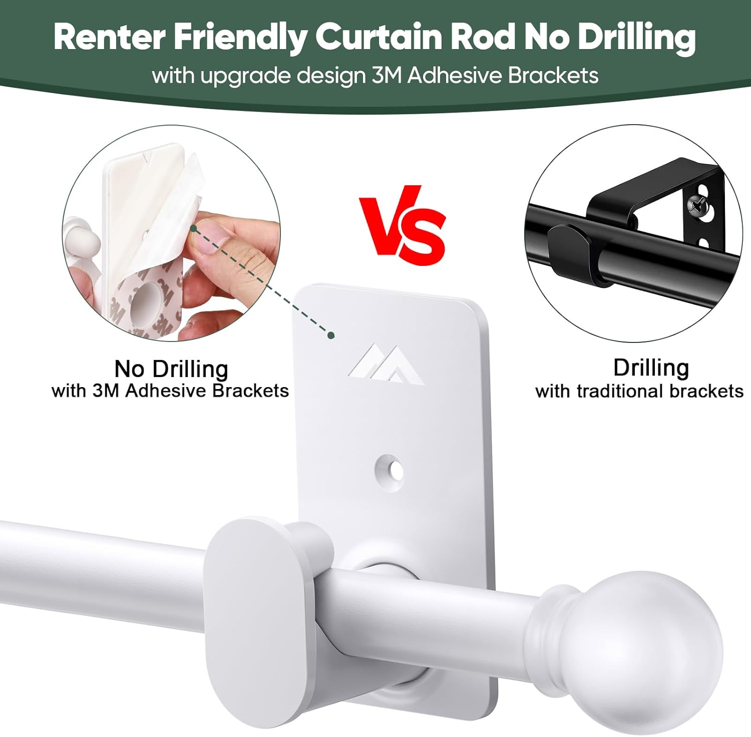 ZNONOX Curtain Rods No Drilling for Windows 30 to 60 Inches,5/8 Inch Diameter No Drill Curtain Rod Set with 3M Adhesive Brackets, White