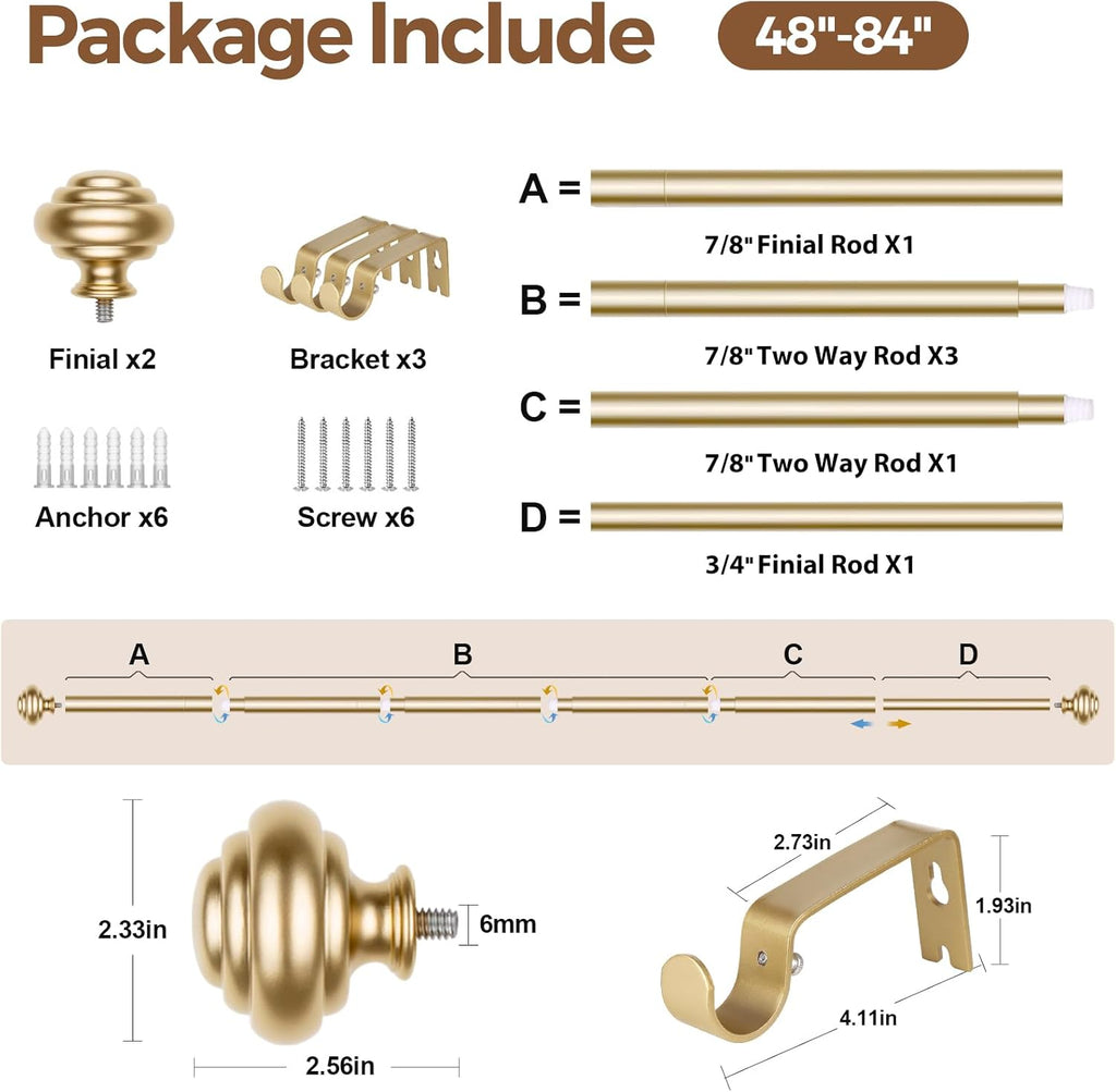 KAMANINA Curtain Rods for Windows 48 to 84 Inches (4-7ft) Heavy Duty Curtain Rods, 7/8 Inch Adjustable Decorative Drapery Rods Set with Modern Finials, Gold
