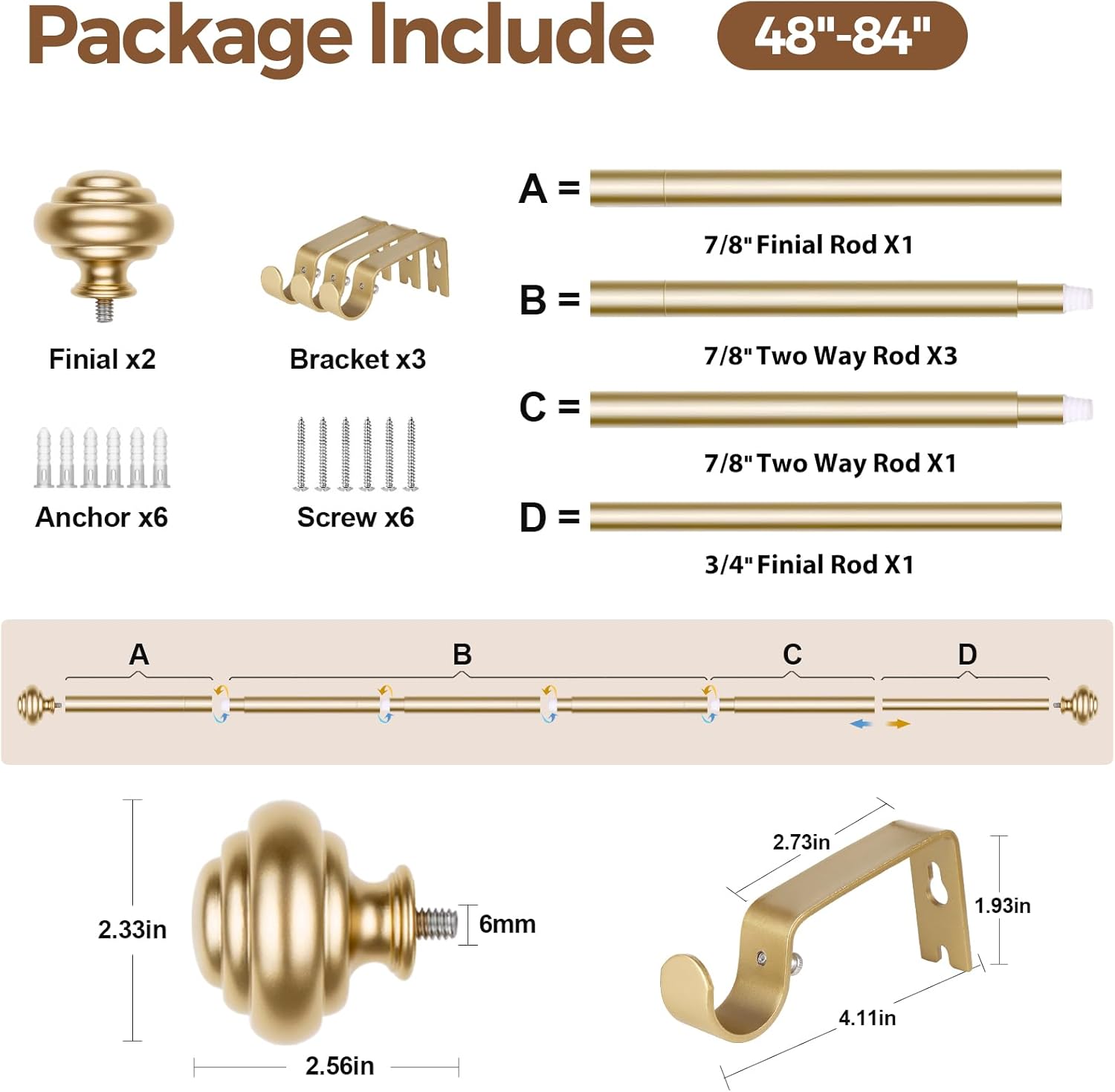 KAMANINA Curtain Rods for Windows 48 to 84 Inches (4-7ft) Heavy Duty Curtain Rods, 7/8 Inch Adjustable Decorative Drapery Rods Set with Modern Finials, Gold