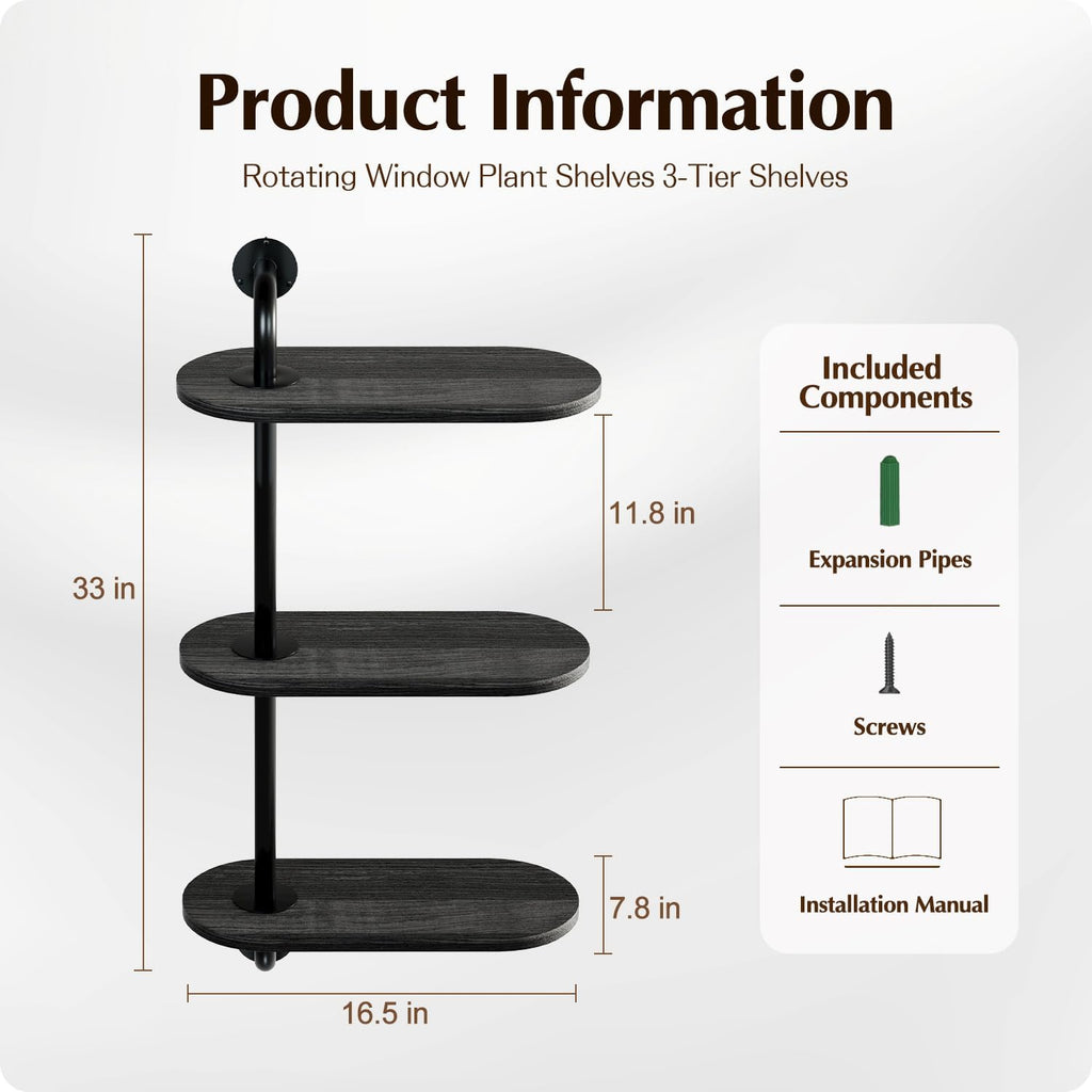 Rotating Window Plant Shelves 3-Tier Pipe Shelves, Wooden Indoor Window Sill Plant Shelf, Window Plant Shelf for Small Spaces, Flower Pots, Organizer, Storage Wall Decor, Window Plant Holder
