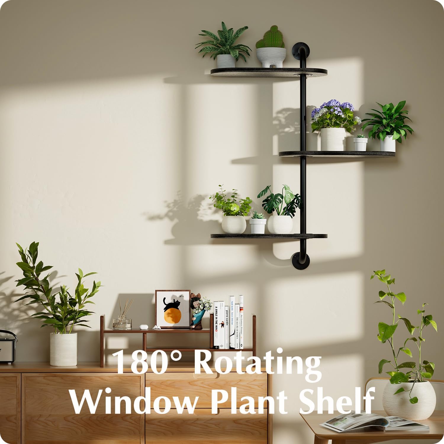 Rotating Window Plant Shelves 3-Tier Pipe Shelves, Wooden Indoor Window Sill Plant Shelf, Window Plant Shelf for Small Spaces, Flower Pots, Organizer, Storage Wall Decor, Window Plant Holder