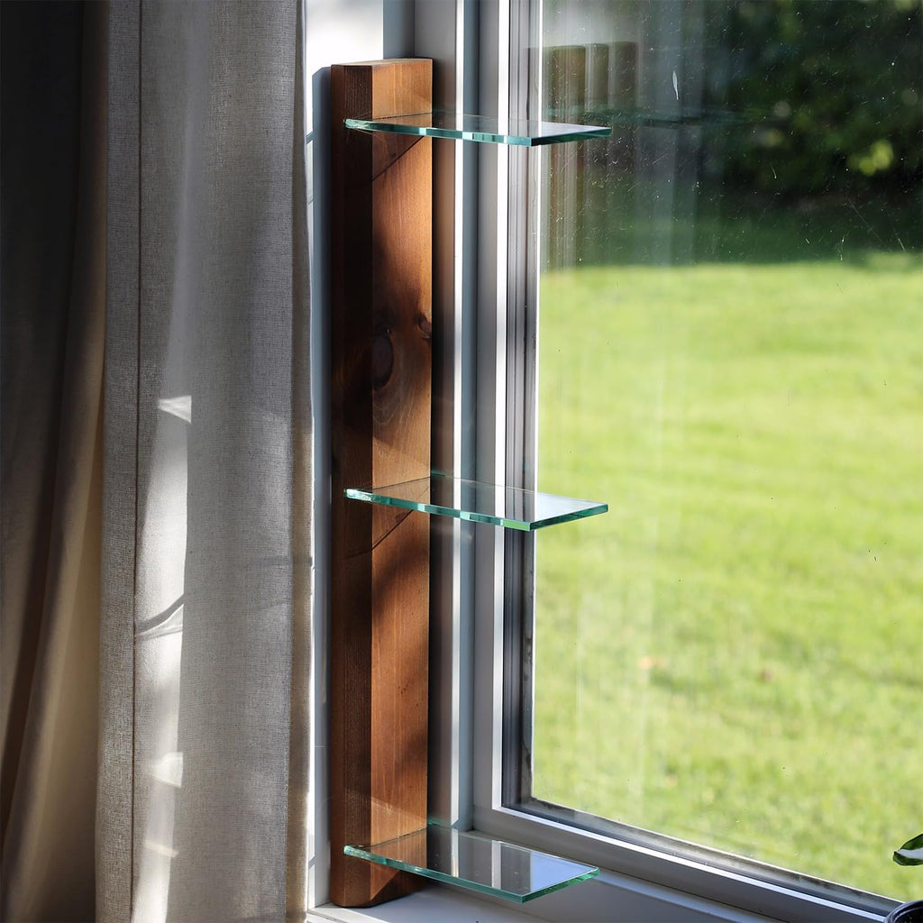 Daniel's Plants 3-Tier Modern Window Sill Plant Shelf (Real Wood & Glass) | No-Drill, Easy Setup | Solid Wood (Woodland Brown)