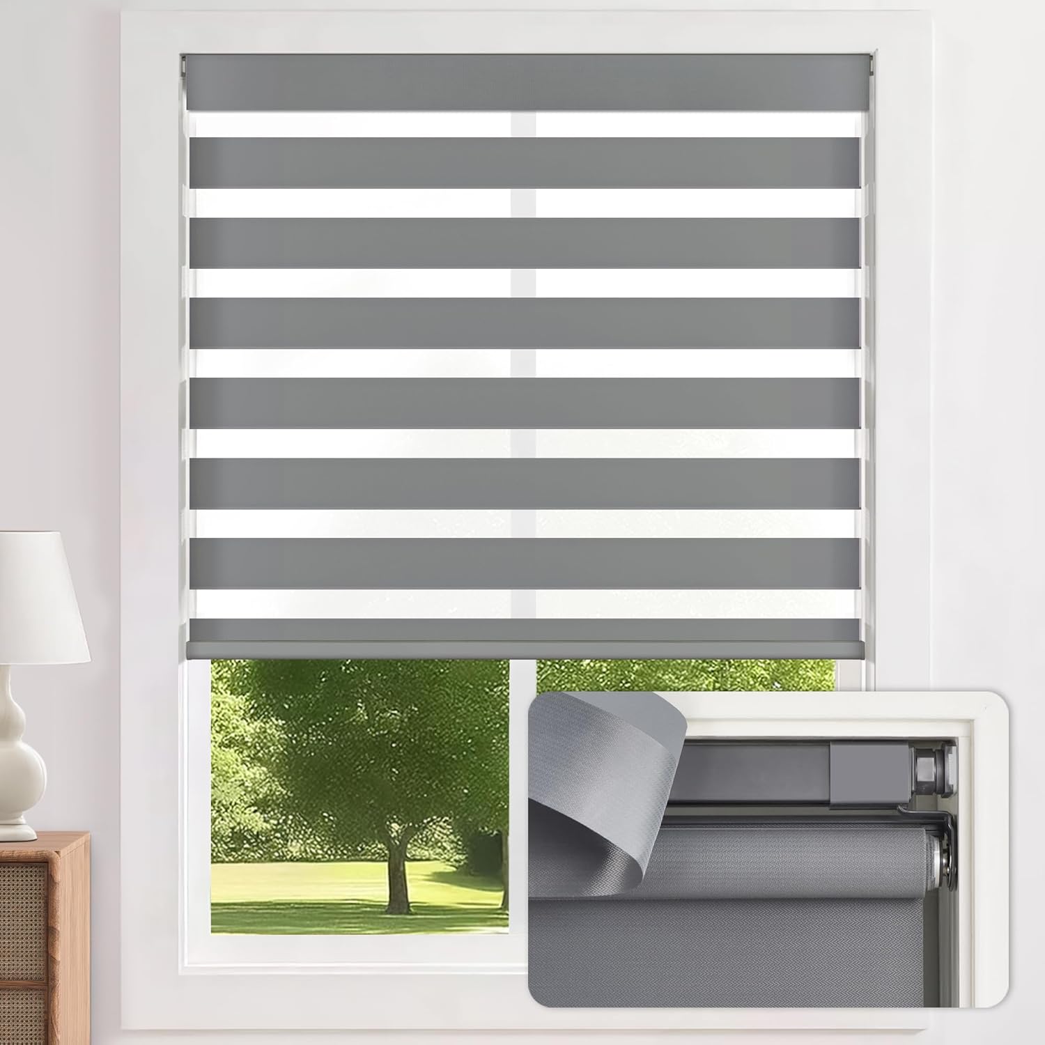LazBlinds Cordless Zebra Blinds for Windows - Dual Layer Light Filtering & Blackout Roller Shades, Free-Stop Lift System, No Drill Easy Install, Day & Night Privacy with Valance, 19" W X 64" H, Grey