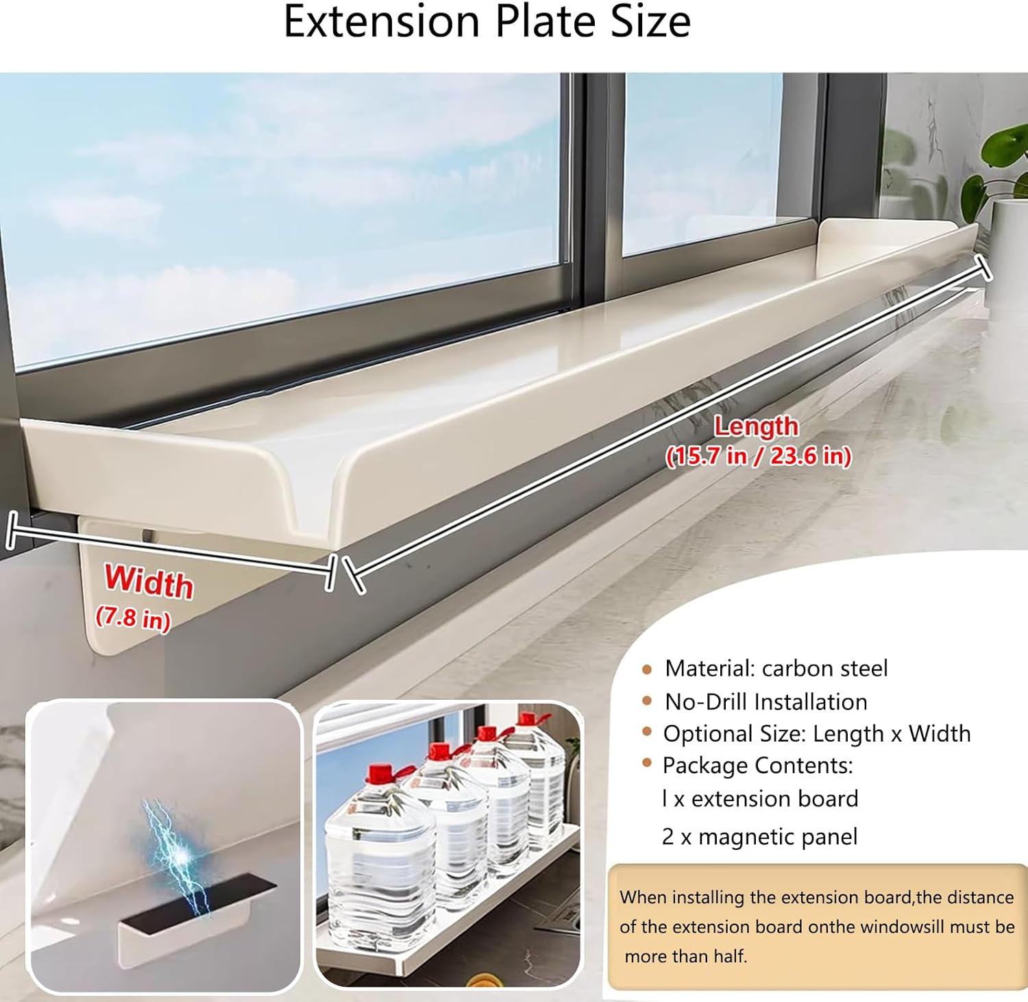 Window Sill Extender Shelf - 23.6"x5.9" Over Sink Countertop Extender, Space Saving Kitchen Window Shelf for Dishes, Plants, Kitchen Organizer, No-Drill Installation (23.6x5.9in/60x20cm)