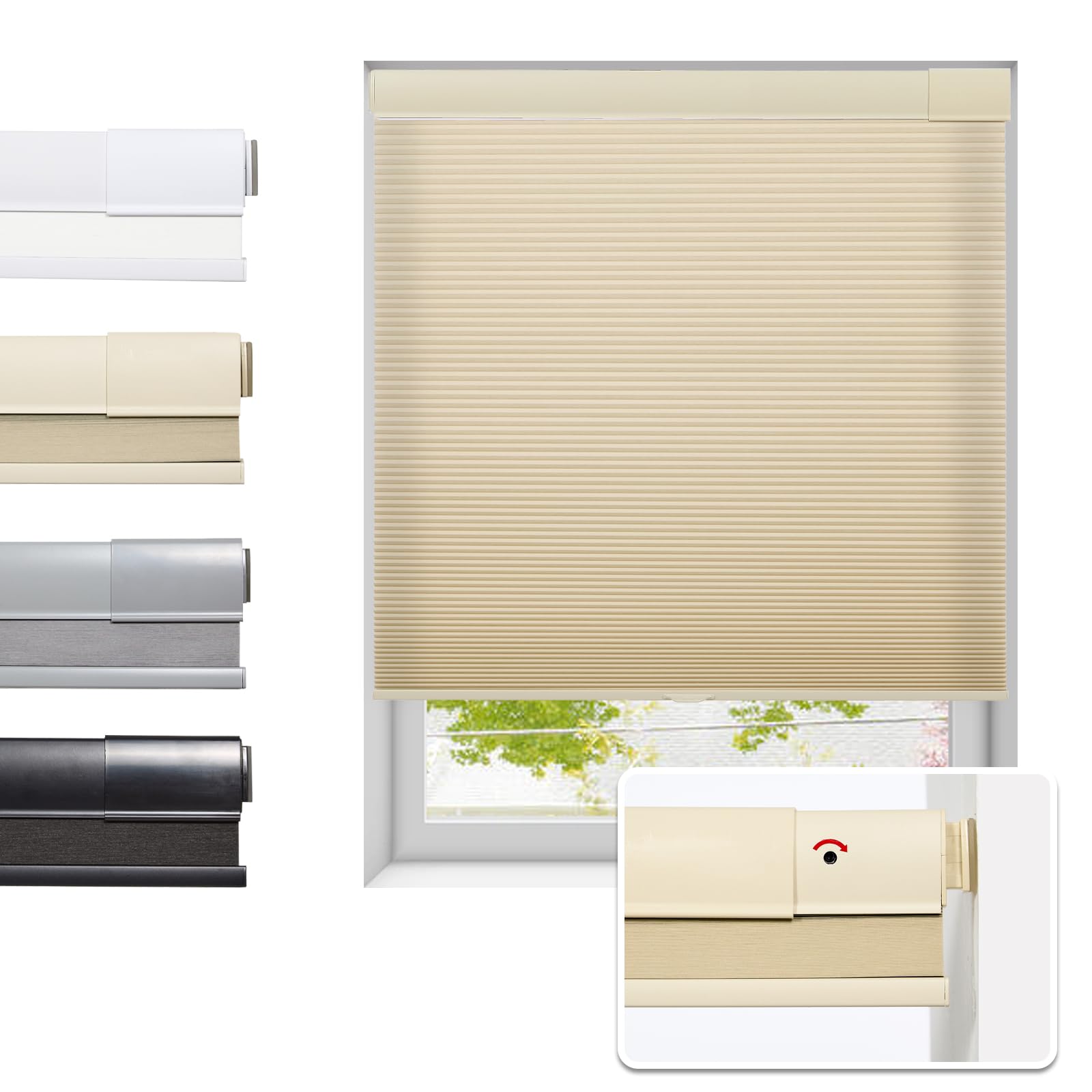 Tonature No Drill Cellular Shades for Indoor Windows, Thermal Insulating & Noise Reducing Honeycomb Blinds, Free Stop Cordless Blackout Shades, Grey, 22" W x 64" H