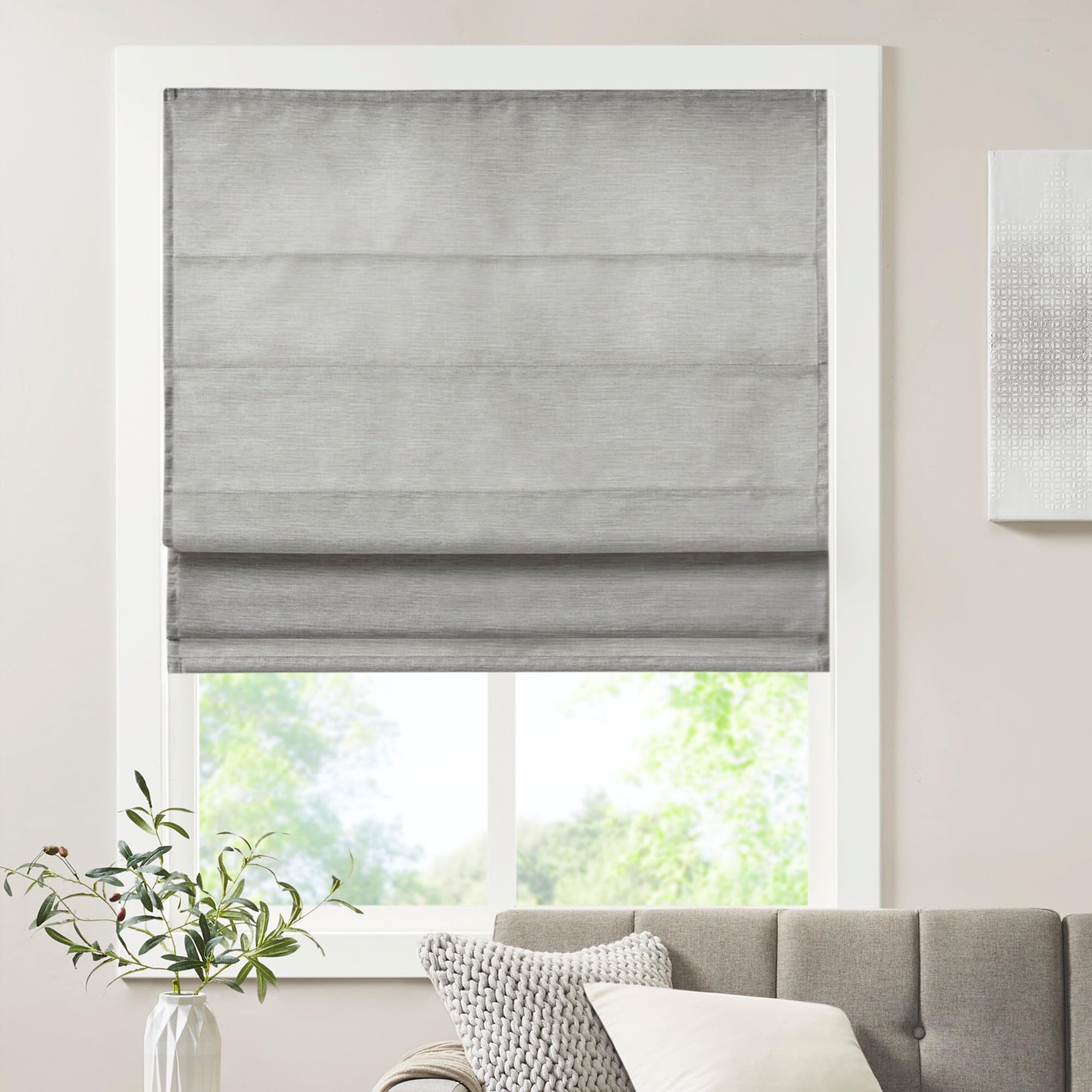 Madison Park Galen Cordless Roman Shades - Fabric Privacy Single Panel Darkening, Energy Efficient, Thermal Insulated Window Blind Treatment, for Bedroom, Living Room Decor, 35" x 64", Ivory