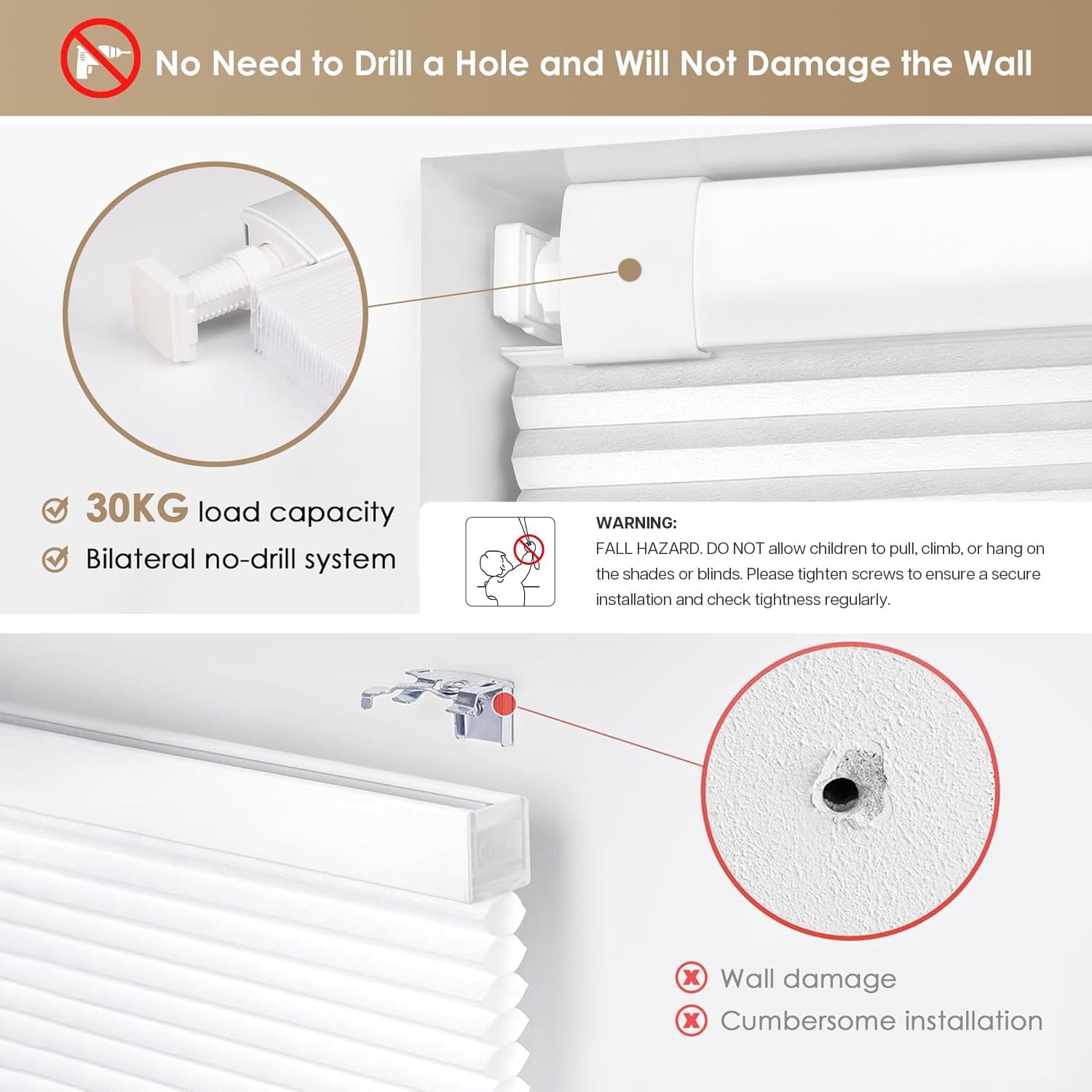LazBlinds No Tools No Drill Cordless Cellular Shades, Light Filtering Honeycomb Shades for Home, Thermal Insulation Blinds for Windows, 38" W x 72" H, White