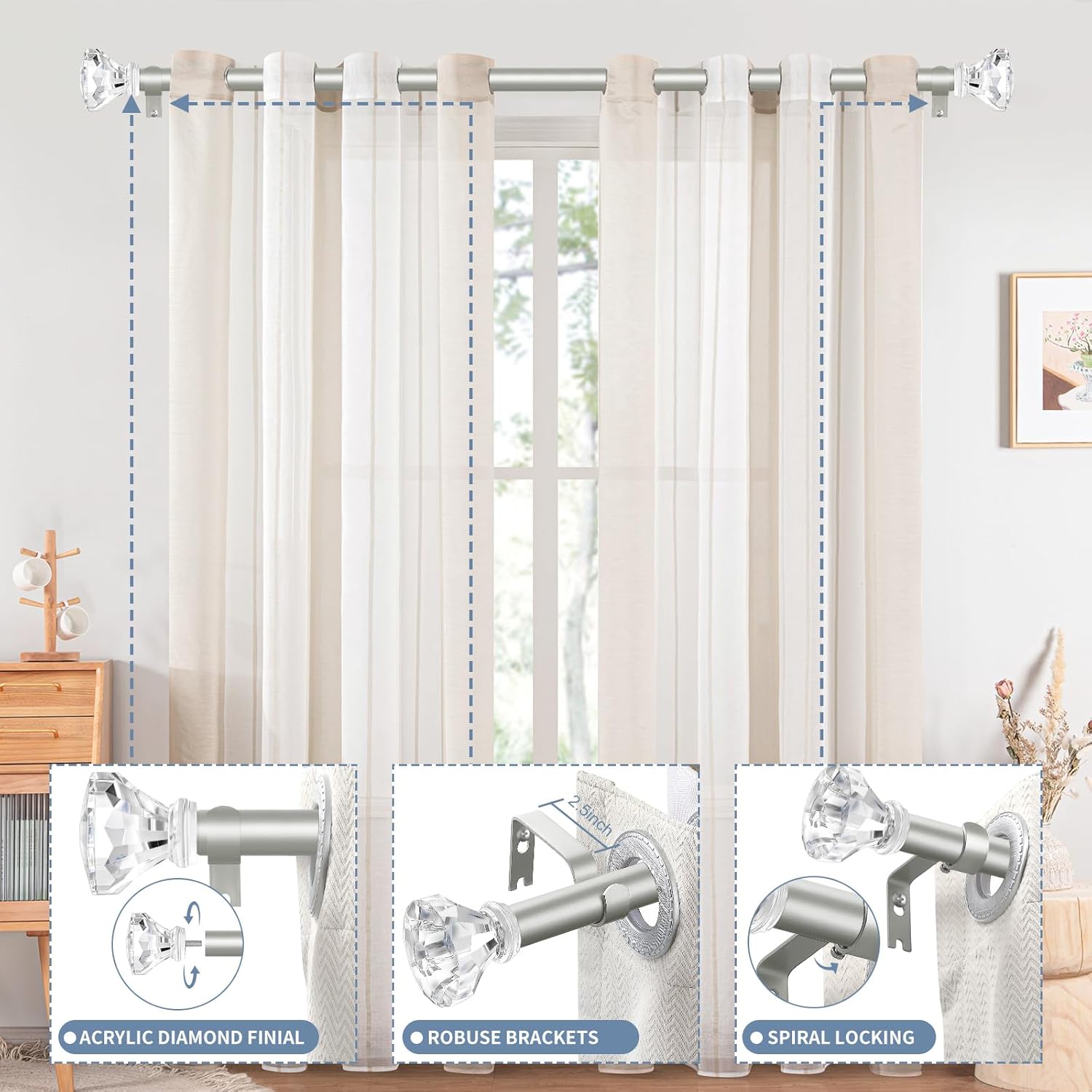 TVWOO Silver Curtain Rods 48 to 84 Inch,3/4 Inch Adjustable Curtain Rod Set,Modern Single Window Curtains Rods,Heavy Duty Curtain Rods,Acrylic Finials Decorative Drapery Rods 36-88”,Antique Silver