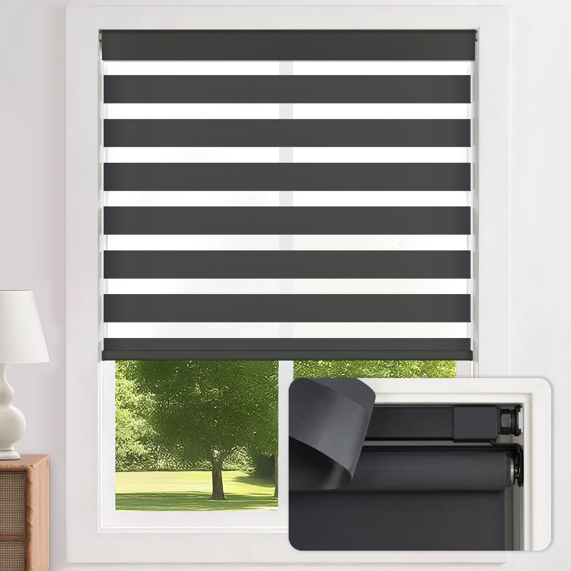 LazBlinds Cordless Zebra Blinds for Windows - Dual Layer Light Filtering & Blackout Roller Shades, Free-Stop Lift System, No Drill Easy Install, Day & Night Privacy with Valance, 19" W X 64" H, Grey