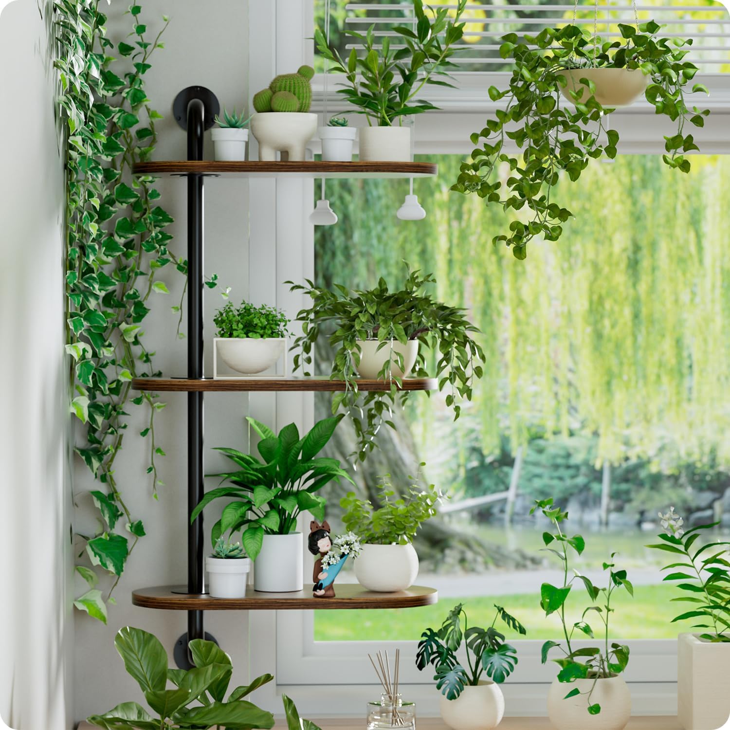 Rotating Window Plant Shelves 3-Tier, Wooden Window Shelf for Plants, Window Sill Plant Shelf Space-Saving for Multiple Plants, Corner Hanging Plant Wall Shelf, Indoor Plant Stand Home Decor