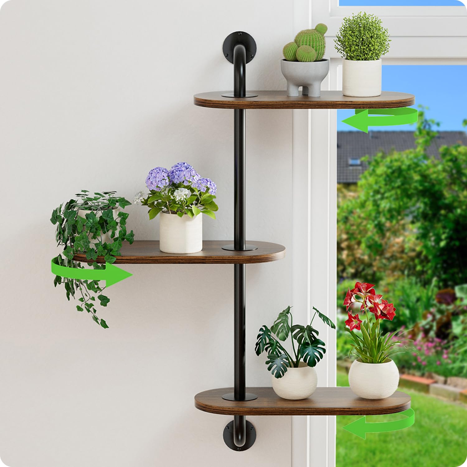 Rotating Window Plant Shelves 3-Tier, Wooden Window Shelf for Plants, Sill Space-Saving Corner Hanging Wall Stand for Multiple Plants, Indoor Home Decor, White