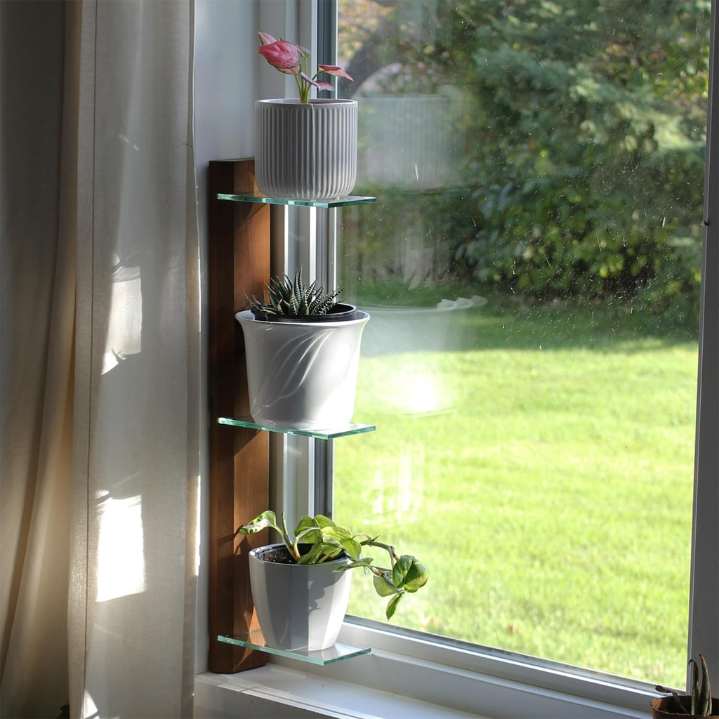 Daniel's Plants 3-Tier Modern Window Sill Plant Shelf (Real Wood & Glass) | No-Drill, Easy Setup | Solid Wood (Woodland Brown)