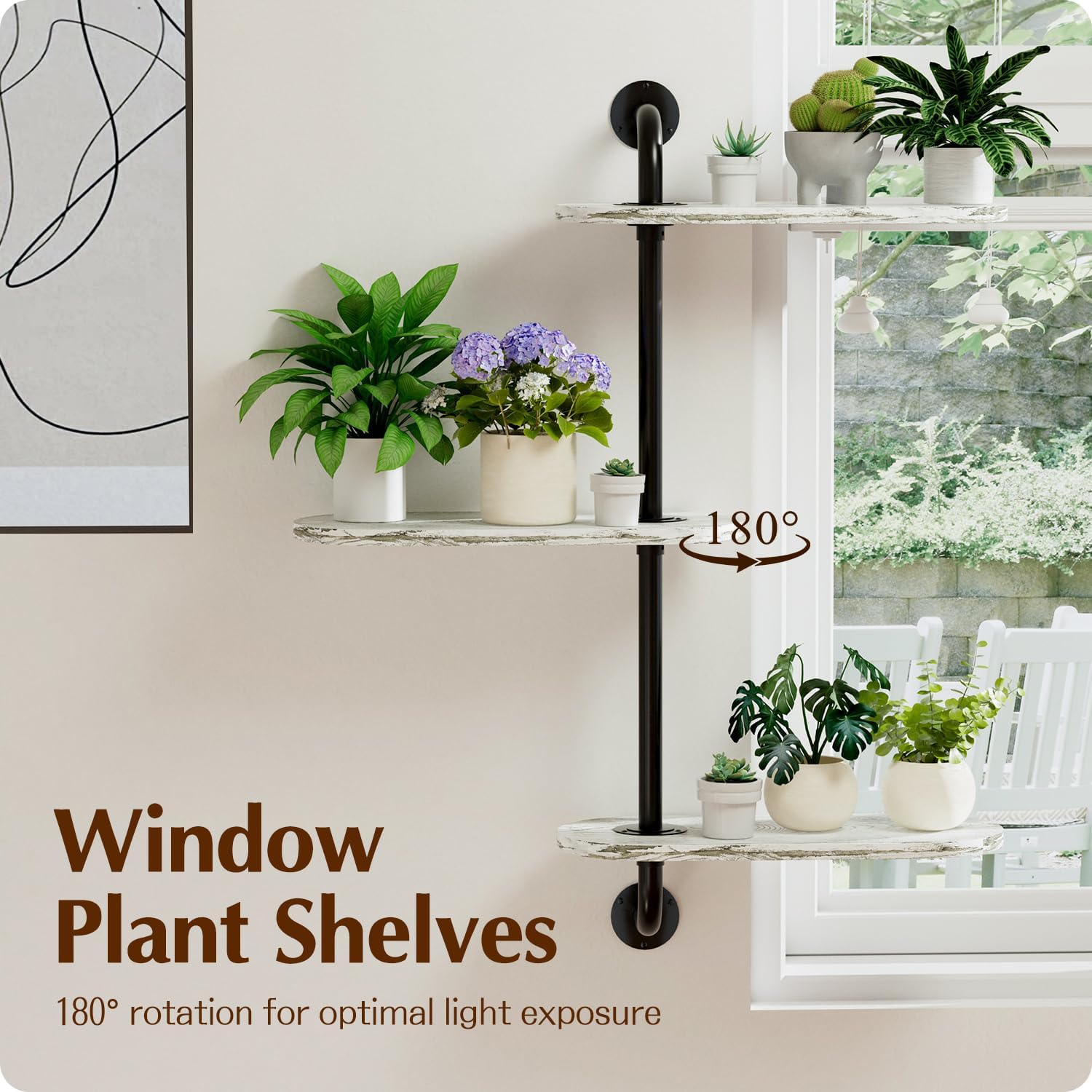 Rotating Window Plant Shelves 3-Tier, Wooden Window Shelf for Plants, Sill Space-Saving Corner Hanging Wall Stand for Multiple Plants, Indoor Home Decor, White
