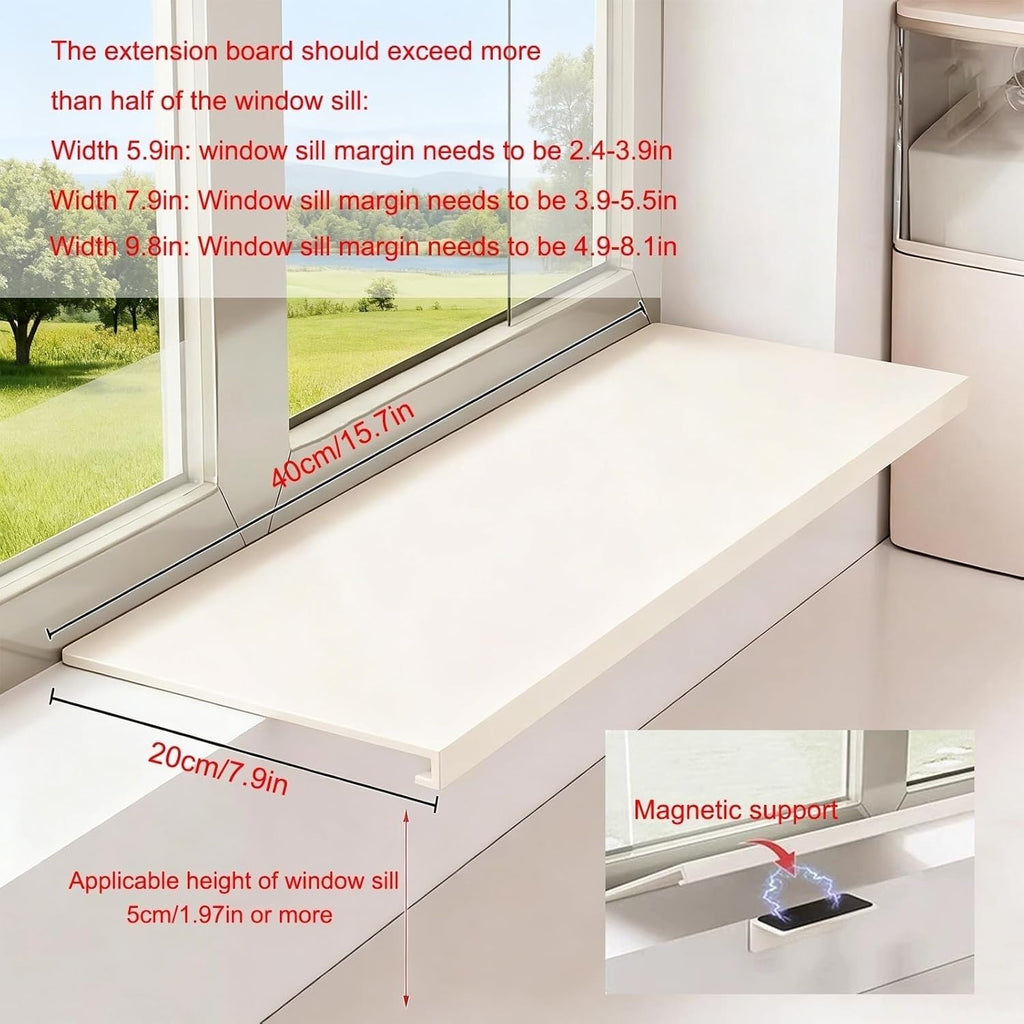 Window Sill Extender Plate, White Carbon Steel Storage Shelf, Countertop Extension Board with Magnetic Base for Kitchen Bathroom Balcony (40x20cm/15.7x7.9in)