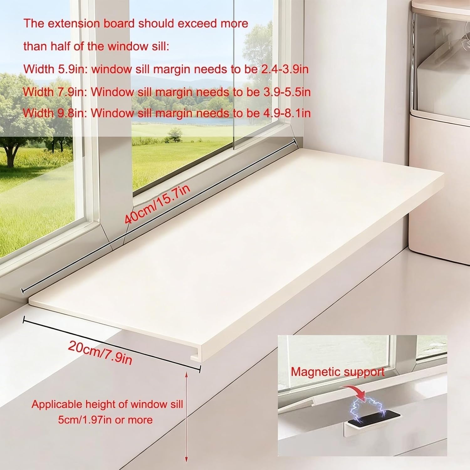 Window Sill Extender Plate, White Carbon Steel Storage Shelf, Countertop Extension Board with Magnetic Base for Kitchen Bathroom Balcony (40x20cm/15.7x7.9in)