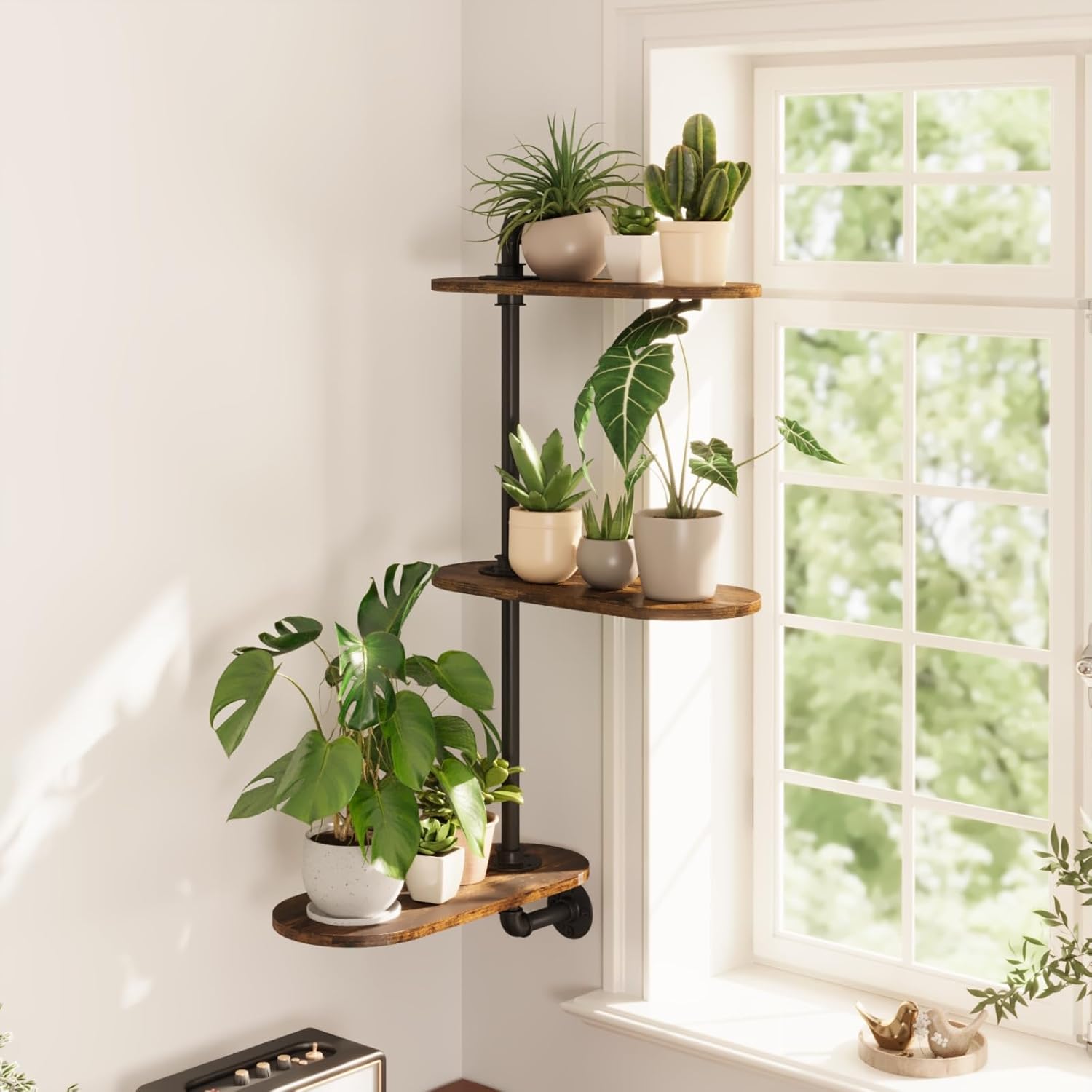 Gentingbro Window Plant Shelves 3-Tier Rotating Plant Stand Industrial Rustic Window Plant Shelf Wood Wall Mount Decorative Hanging Plant Stand Enhanced Indoor Plants Light Exposure Gift Idea for