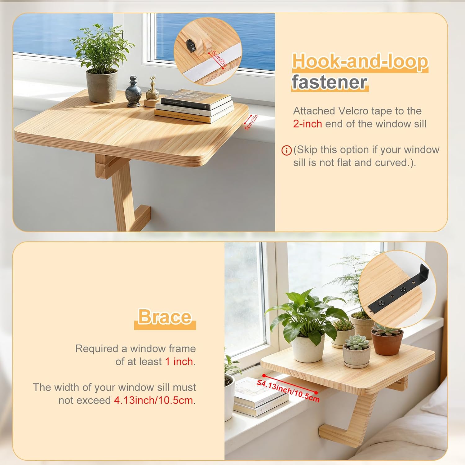 Wooden Windowsill Plant Stand, 30 x 30 cm, Floating Shelf for Plants, Hanging Shelf, Shelf, Window Sill Extension Shelf, Suitable for Small Potted Plants or Light Items